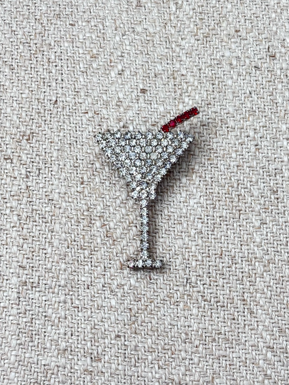 Vintage Crystal Martini Glass Brooch with Red Accent Stirrer
